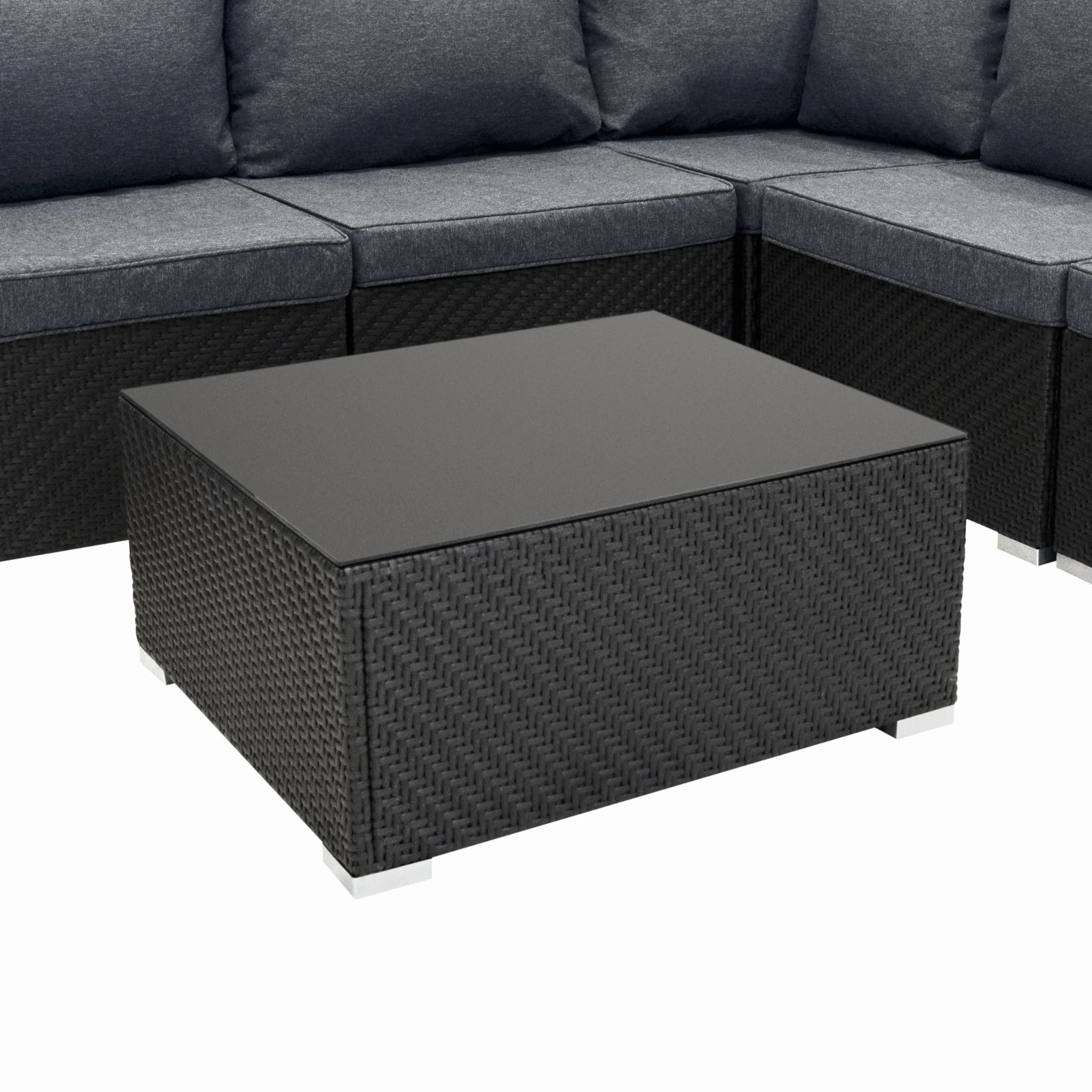 Monster Shop Set Mobili da Giardino 7 Pezzi in Rattan Nero – Divano Modulare 5 Posti con Cuscini Lavabili, Tavolino in Vetro, Copertura Impermeabile, per Esterno, Terrazzo e Veranda