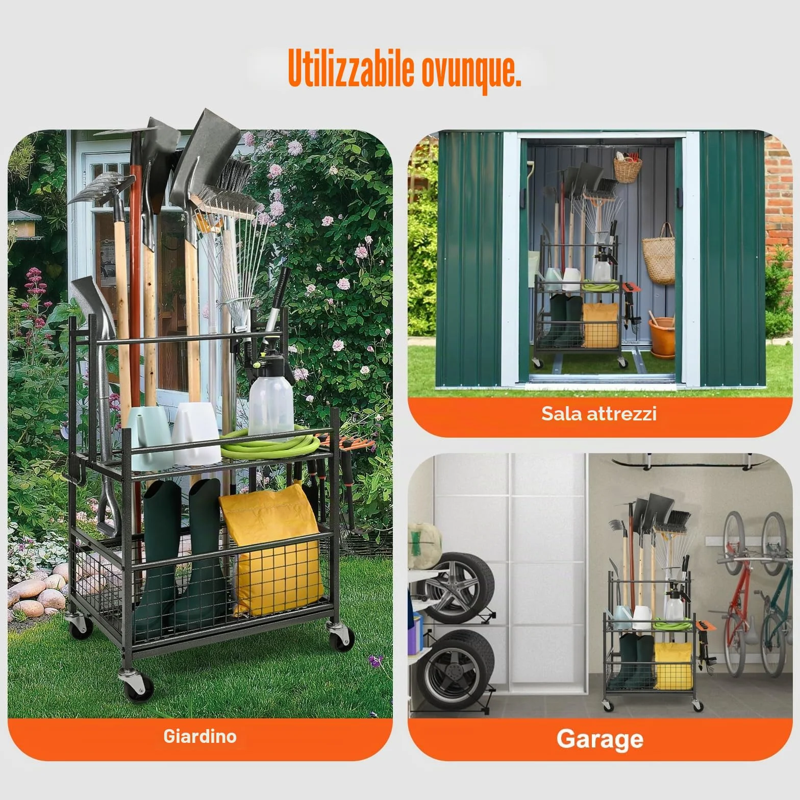 VEVOR Porta Attrezzi da Giardino 16 Slot Ganci, Organizzazione Stoccaggio in Metallo PP con Ruote per Garage Officina