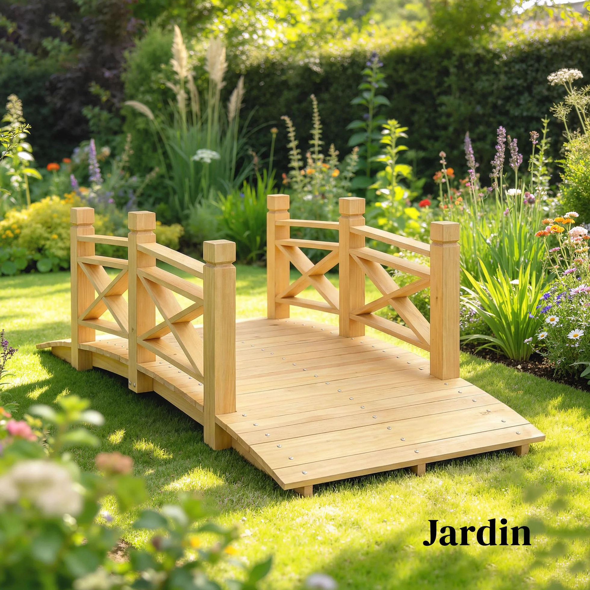 Outsunny Ponte da giardino in legno carbonizzato ad arco 1,74 m - Passerella con corrimano sicura e carico 200 kg - Decorazione esterna trattata e resistente, naturale