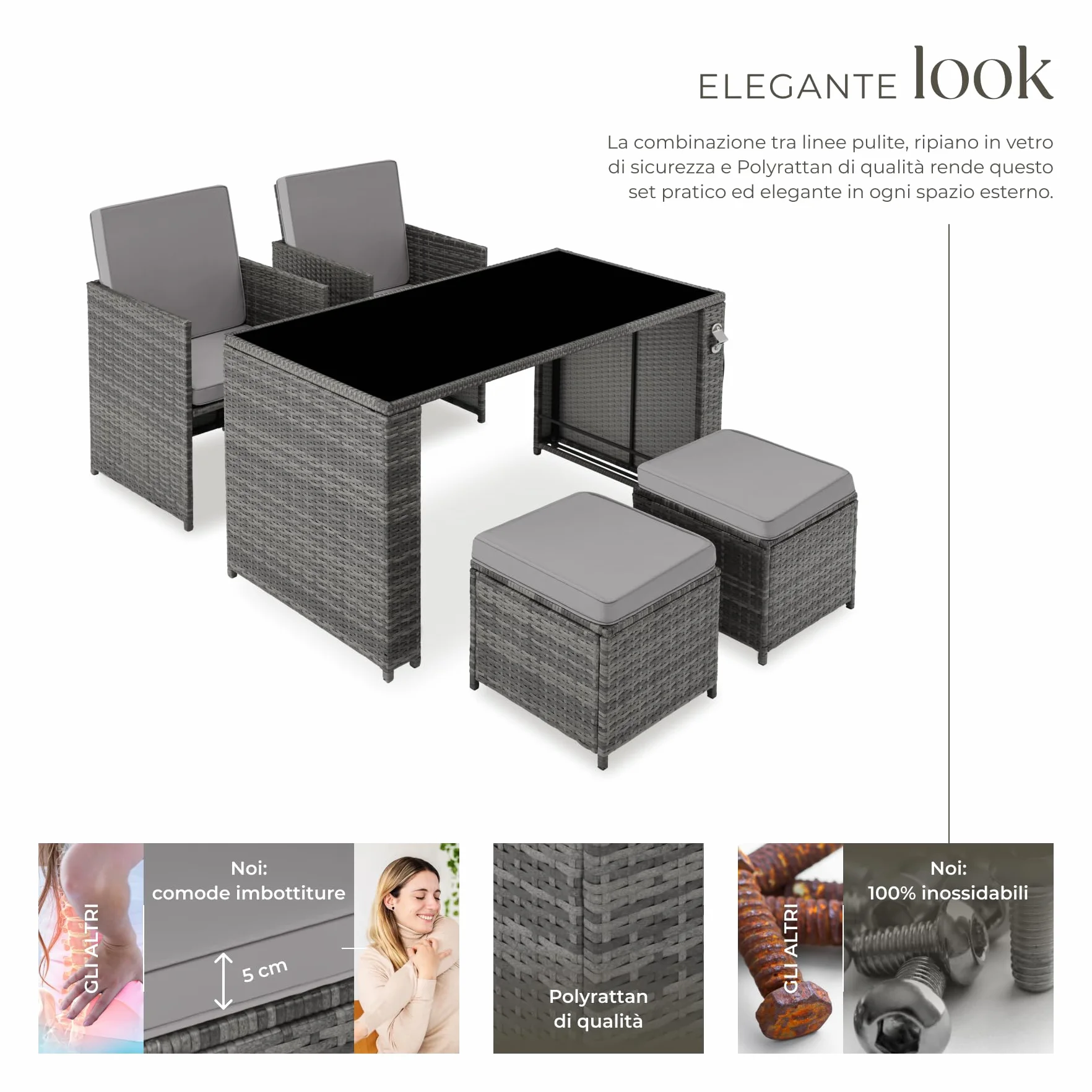 Tectake Salottino Rattan Palermo Set Sedie Cuscini Tavolino Vetro Grigio