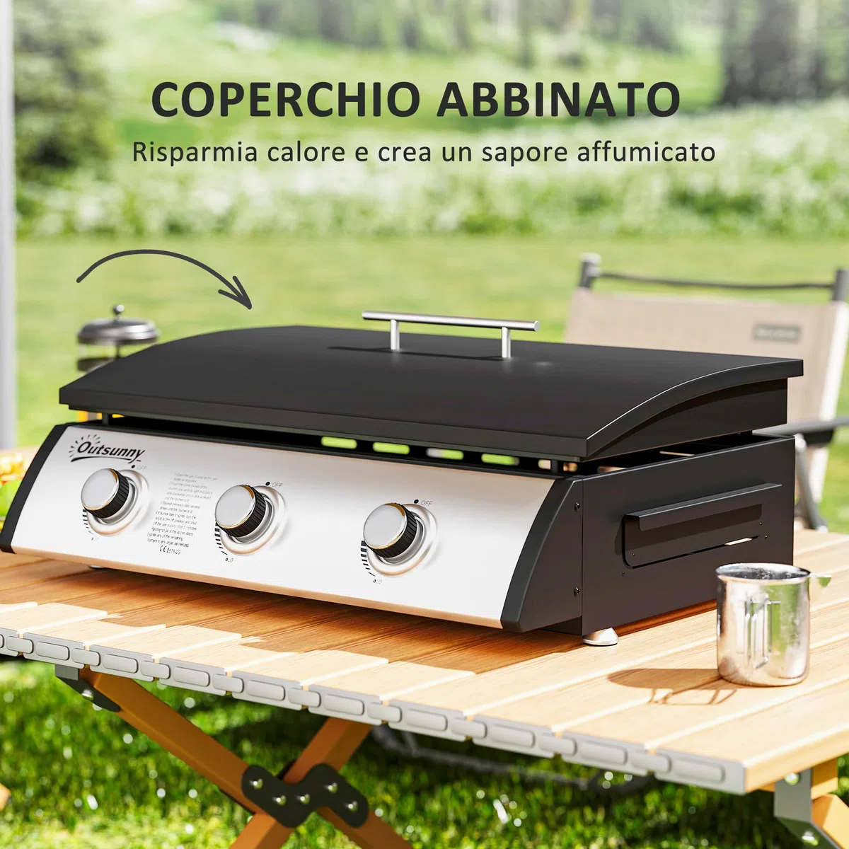 Outsunny Barbecue a Gas 3 Bruciatori 7.5kW Griglia Portatile 61x35.5cm Nero