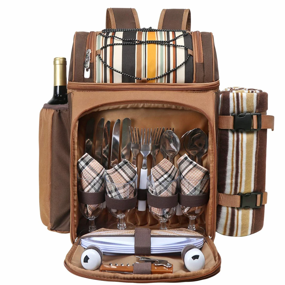 Zaino da picnic per 4 persone con scomparto refrigerante, portabottiglie staccabile, coperta in pile, set di piatti e posate