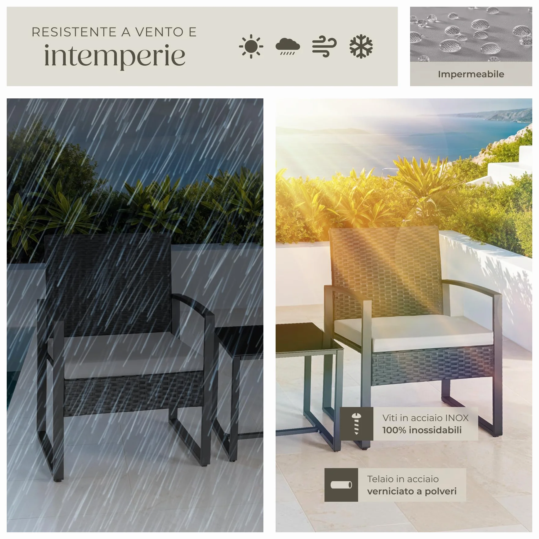 Tectake Salottino da Esterno Rattan Granada Set Giardino Tavolino Salotto Vetro Imbottiture Regolabile UV