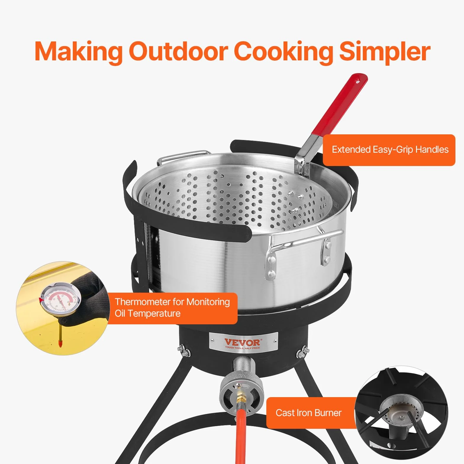 VEVOR Friggitrice a ali di pesce, 9,35 l, set di friggitrice in alluminio, per frutti di mare, per esterni, con termometro, cestello e bruciatori a propano 54.000 BTU, per cucinare all'aperto