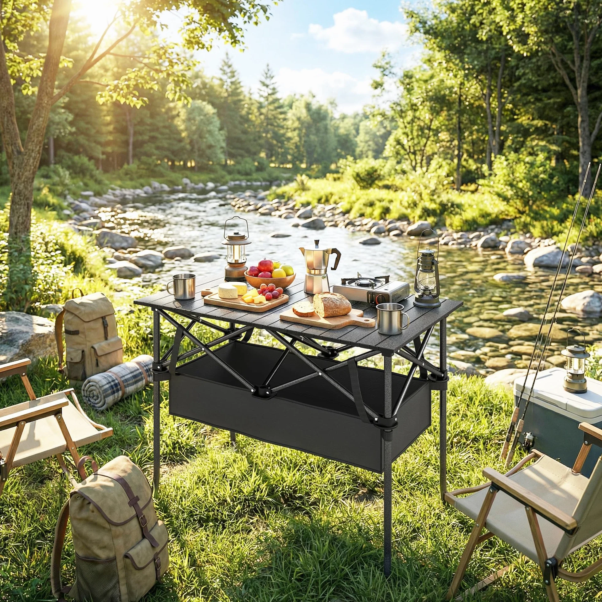 Outsunny Tavolo da Picnic Pieghevole 93cm con Rete Portaoggetti e Borsa, Struttura in Metallo, Nero