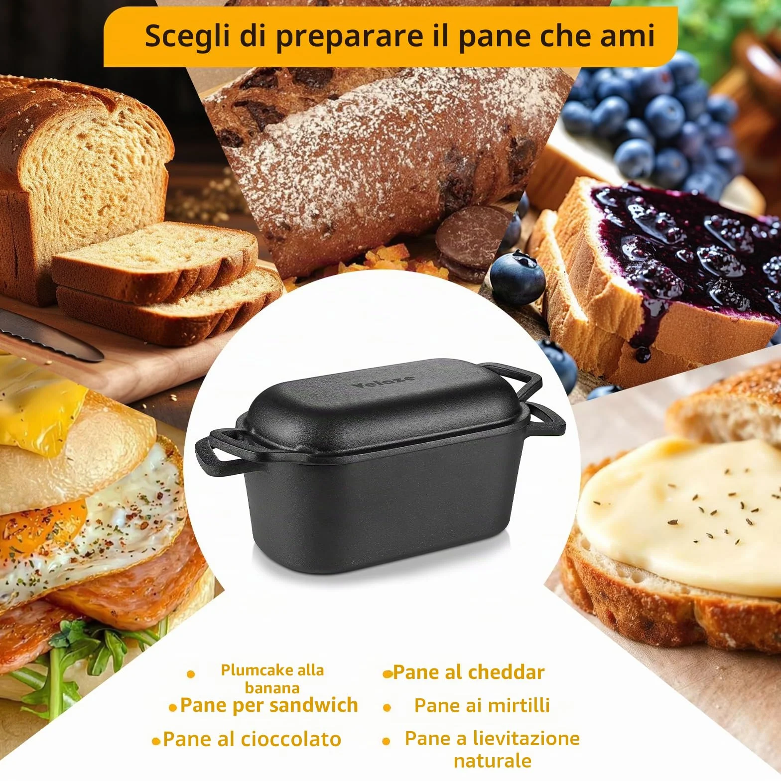 Velaze Pentola in Ghisa per Pane 3.4L - Casseruola in Ghisa Smaltata Rettangolare 27x15cm con Coperchio, Interno Crema Antiaderente - Forno Olandese per Cuocere il Pane e Arrosti, Adatta Induzione