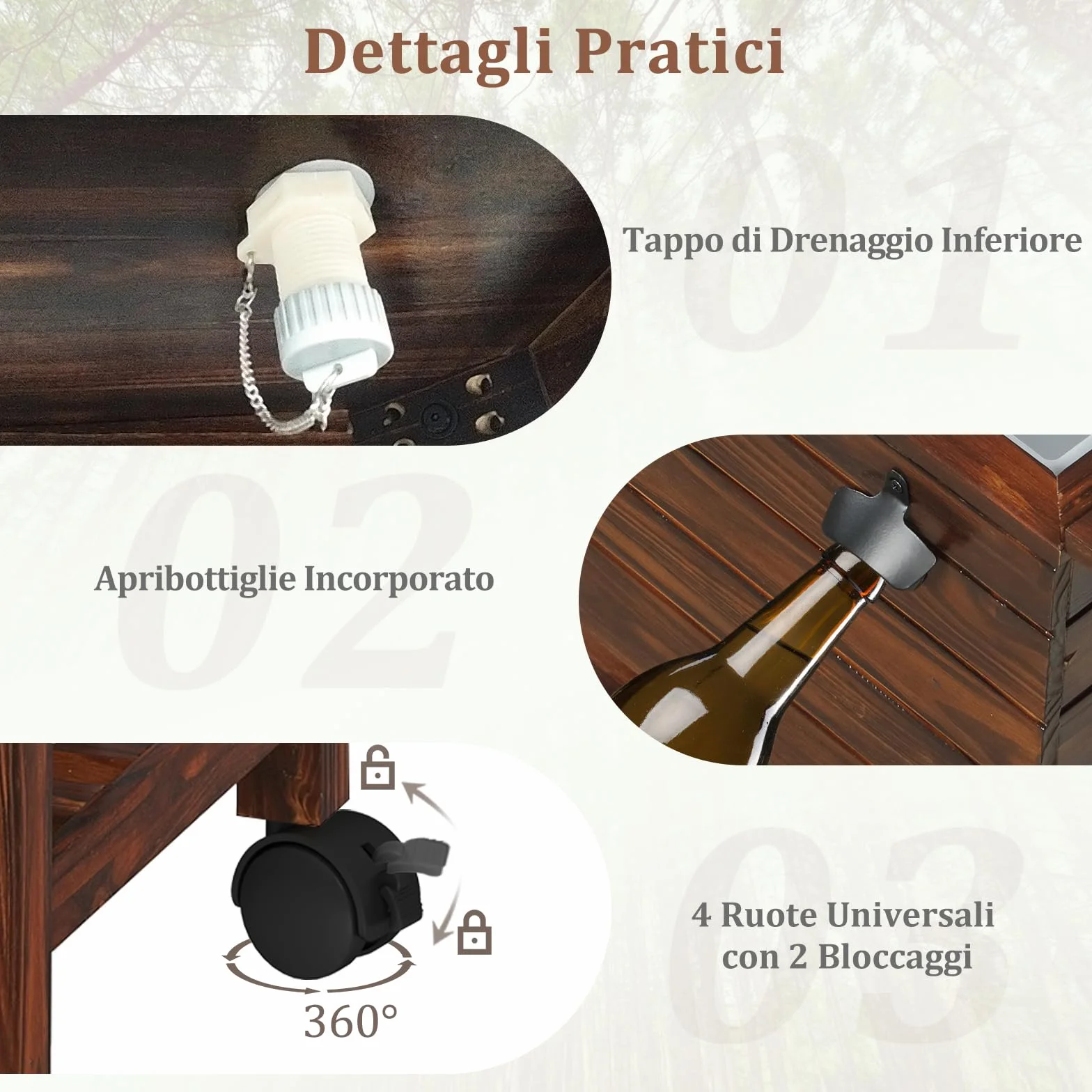 COSTWAY Carrello Porta Ghiaccio in Legno 51 L con Ripiani, Ruote Bloccabili e Apribottiglie