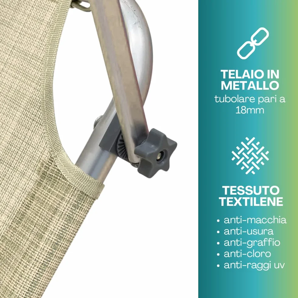 VIRSUS Lettino Prendisole Pieghevole 180x55x90 cm Textilene Metallo Tubolare 18mm Peso Max 120kg Beige