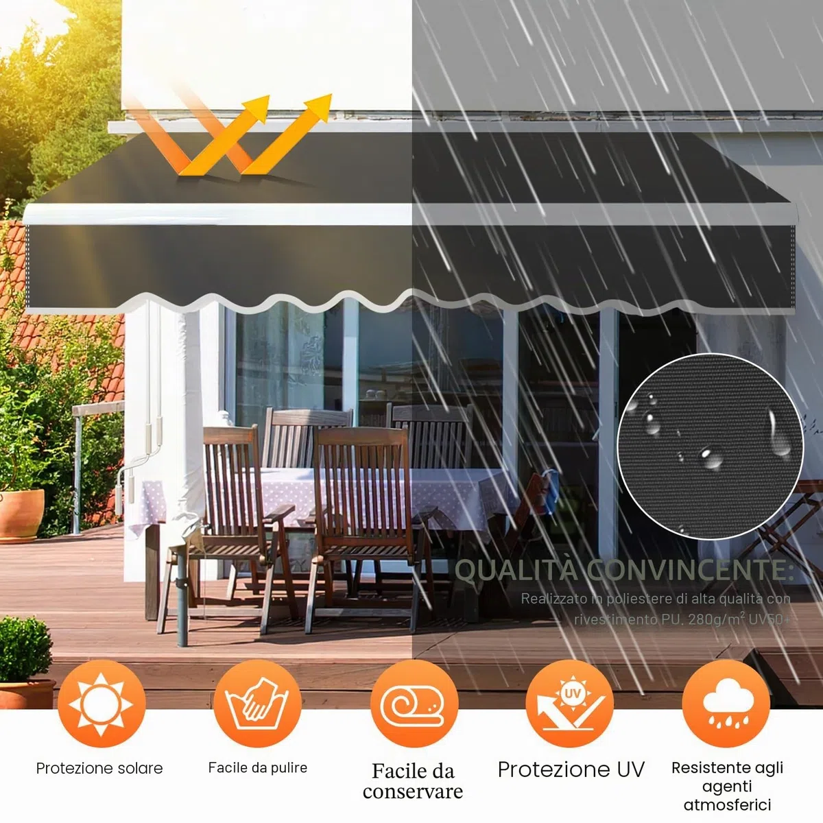 Tenda da sole 350x300 cm manuale a bracci articolati anti-UV impermeabile alluminio poliestere