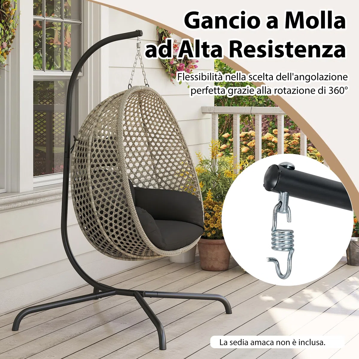 COSTWAY Supporto per Amaca a C, Base per Sedia Sospesa in Metallo Pesante con Gancio a Molla e Rotazione a 360°, Telaio per Amaca per Interni ed Esterni, Portata 180 kg