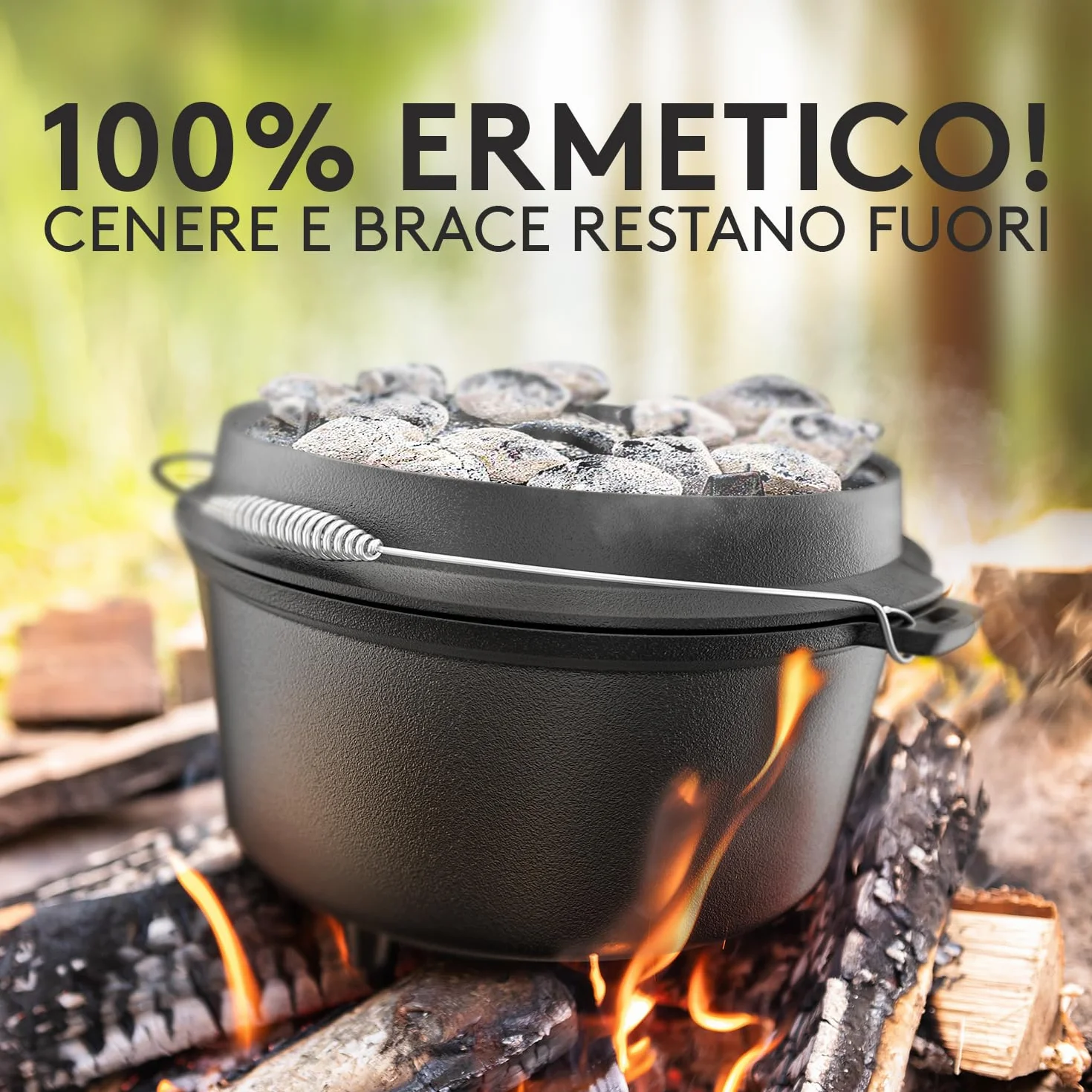 Taste of Fire [L'Originale] - Set Pentola Olandese in Ghisa da 7,4 Litri con Piedini & Coperchio da 1,8 Litri a Doppia Funzione Utilizzabile come Griglia – Include Solleva Coperchio