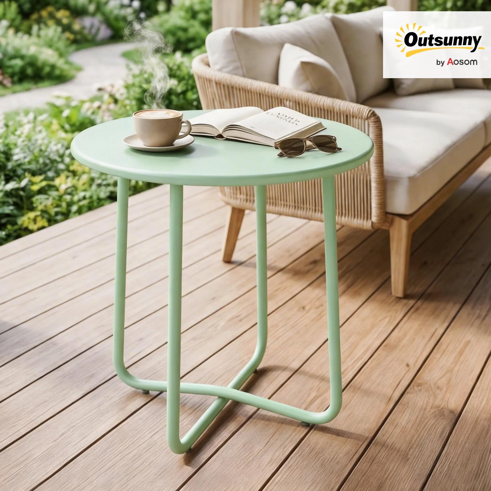 Outsunny Tavolino da esterno con bordo arrotolato, tavolo da giardino rotondo con base a X con gambe regolabili in altezza, per interni soggiorno, terrazza, balcone, metallo, Ø 48 x 51 cm, verde