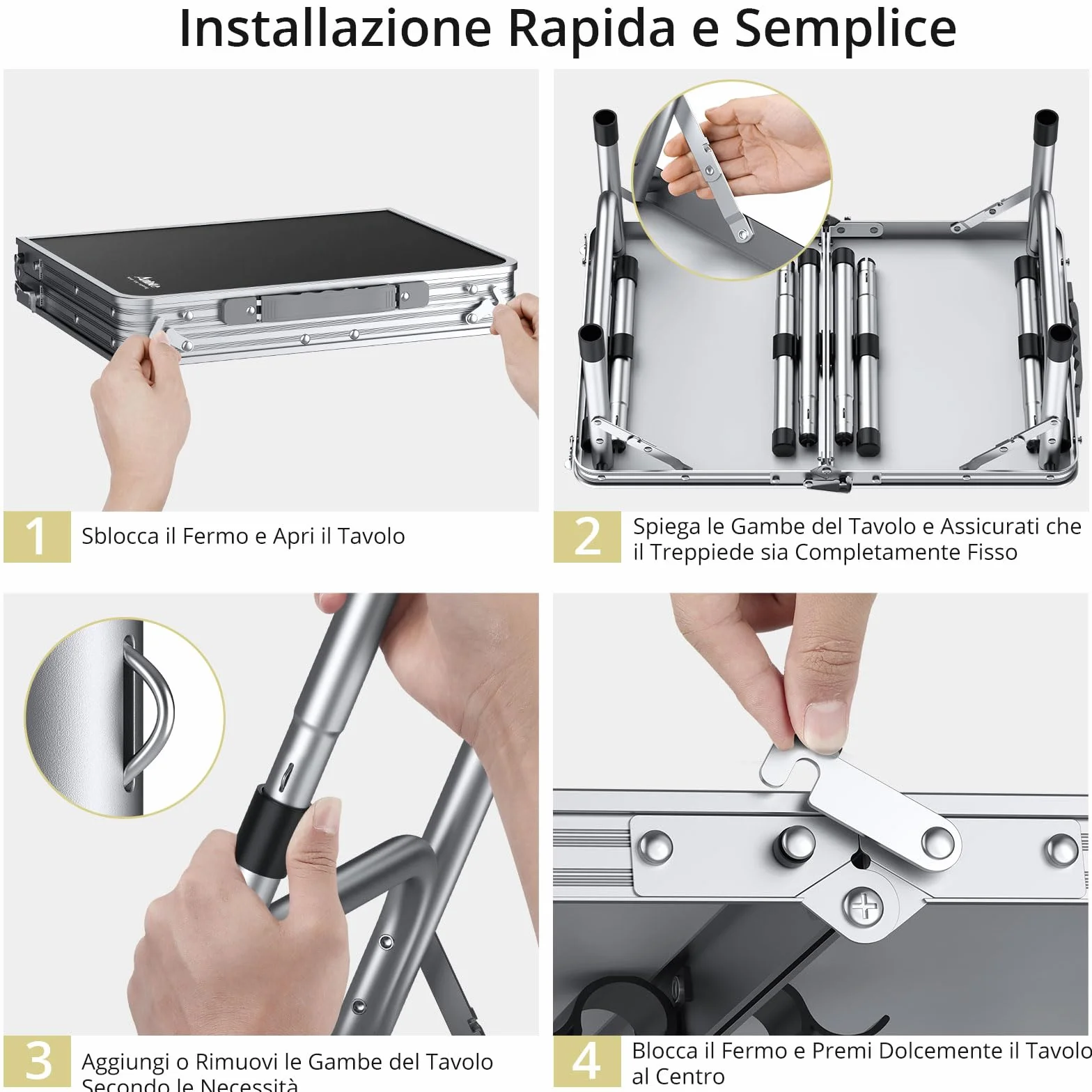 Anbte Tavolo da Campeggio Pieghevole Regolabile in Alluminio Portatile 3 Altezze con Rete di Stoccaggio Nero