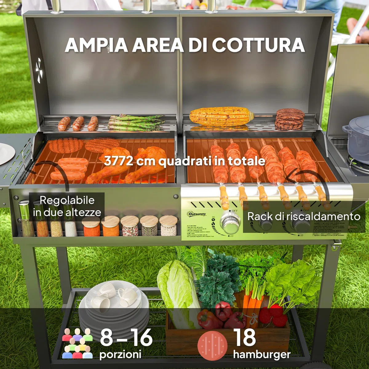 Outsunny Barbecue a Carbone e Gas in Acciaio, BBQ 2+1 Bruciatori 7kW con Coperchio, Termometro, Ruote, Nero
