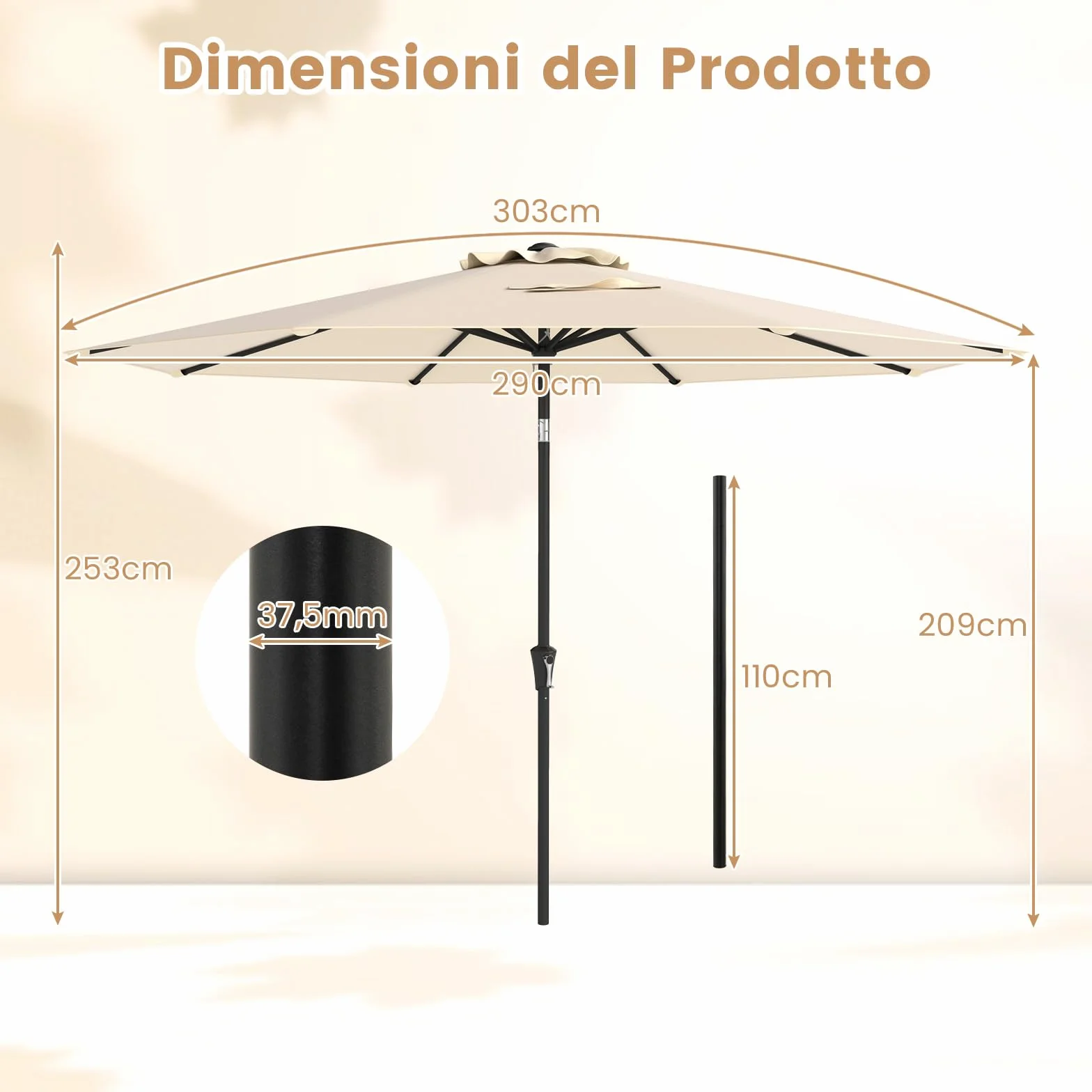 COSTWAY Ombrellone da Giardino 290 cm con Inclinazione Regolabile, 8 Stecche Manovella per Spiaggia Piscina Cortile Beige