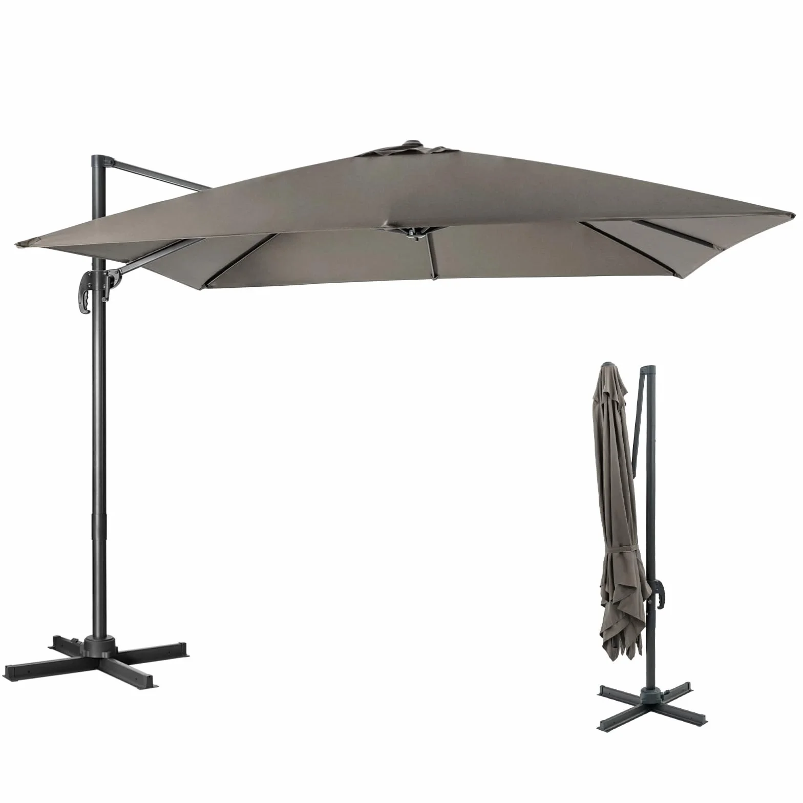 COSTWAY Ombrellone da Giardino 300x300cm 3 Inclinazioni Rotazione 360° Manovella 8 Stecche Base Incrociata Grigio