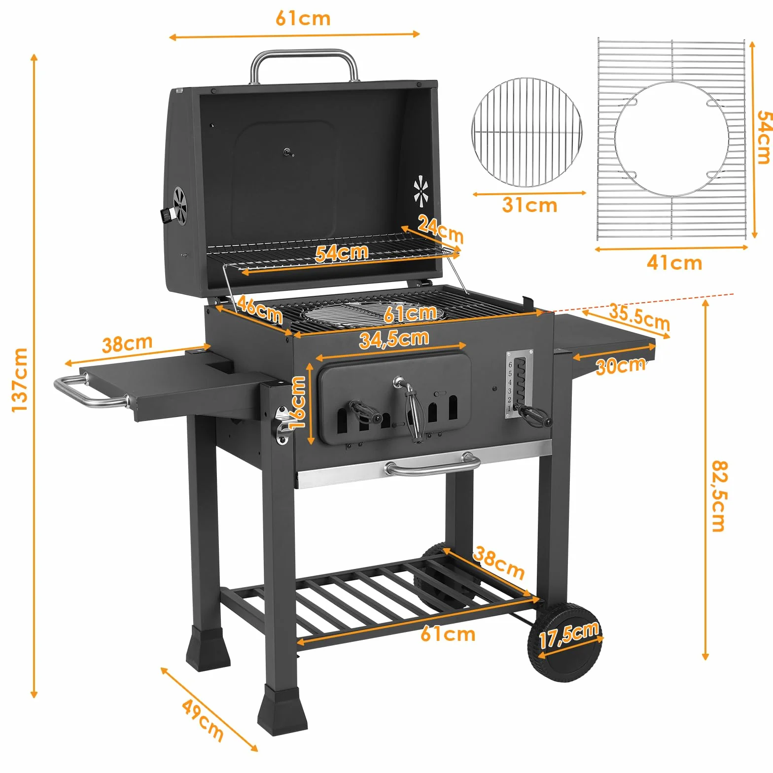 TLSUNNY Barbecue Carbonella XXL con Coperchio e Termometro, Ripiani Pieghevoli, Griglia BBQ Carbonella Grigio
