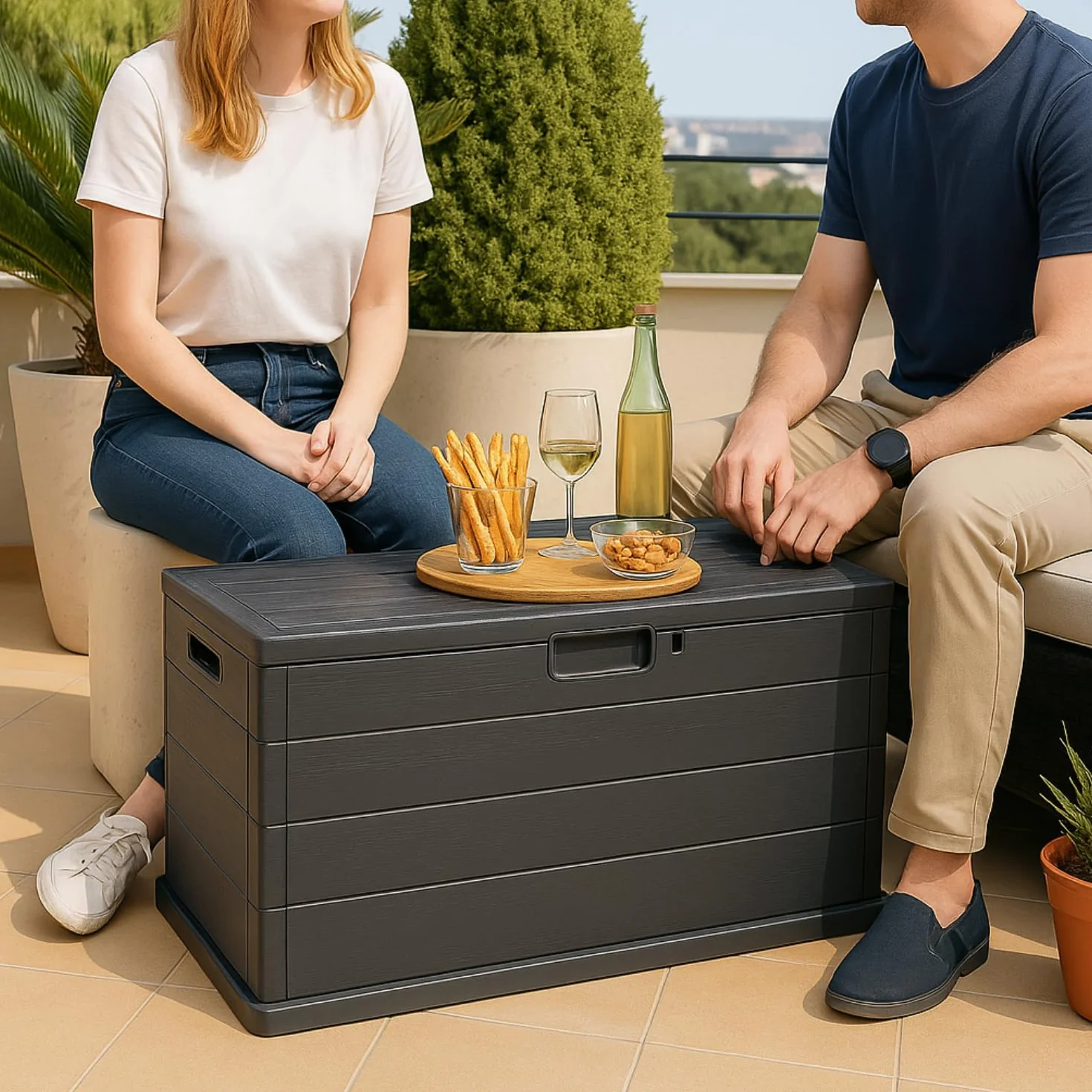 VIRSUS Baule da Giardino con Ruote, misura 118x59x57 cm, Cassapanca Effetto Legno Antracite, Impermeabile, Chiusura Lucchettabile, Contenitore da Esterno, Capacità 340 Litri -ALP001F