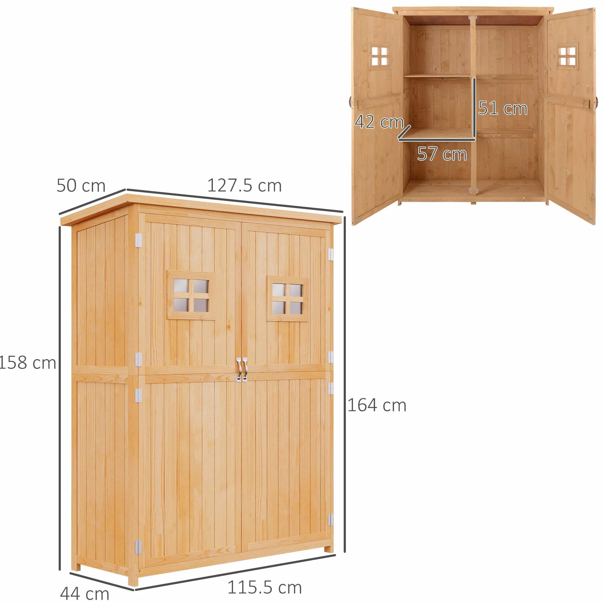 Outsunny Casetta da Giardino in Legno di Abete con Porta Doppia, Capanno Attrezzi con Mensole e Finestre, 127.5x50x164cm