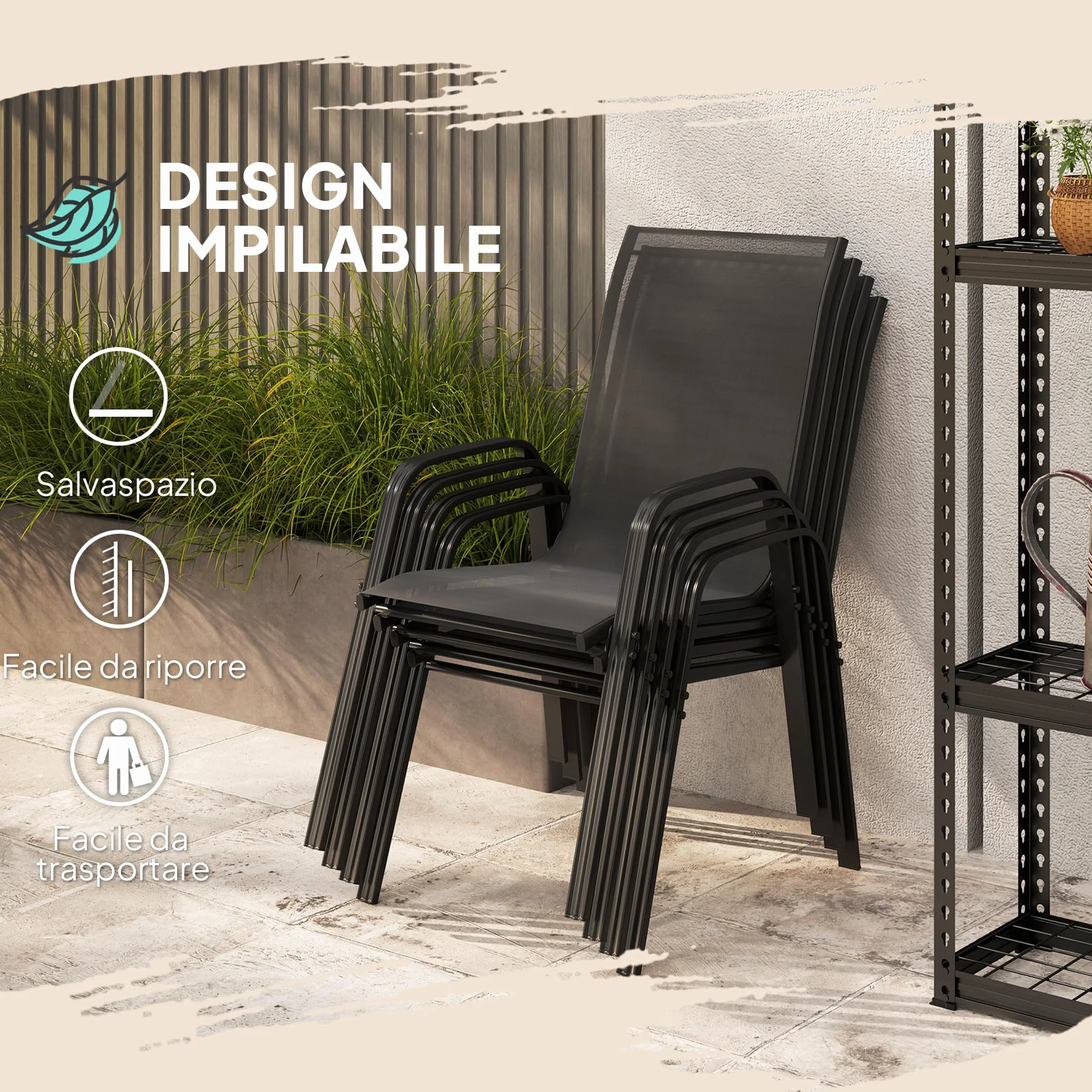 Outsunny Set 4 Sedie da Giardino Impilabili con Braccioli in Metallo e Texteline Impermeabile, 54x75.5x95cm, Nero