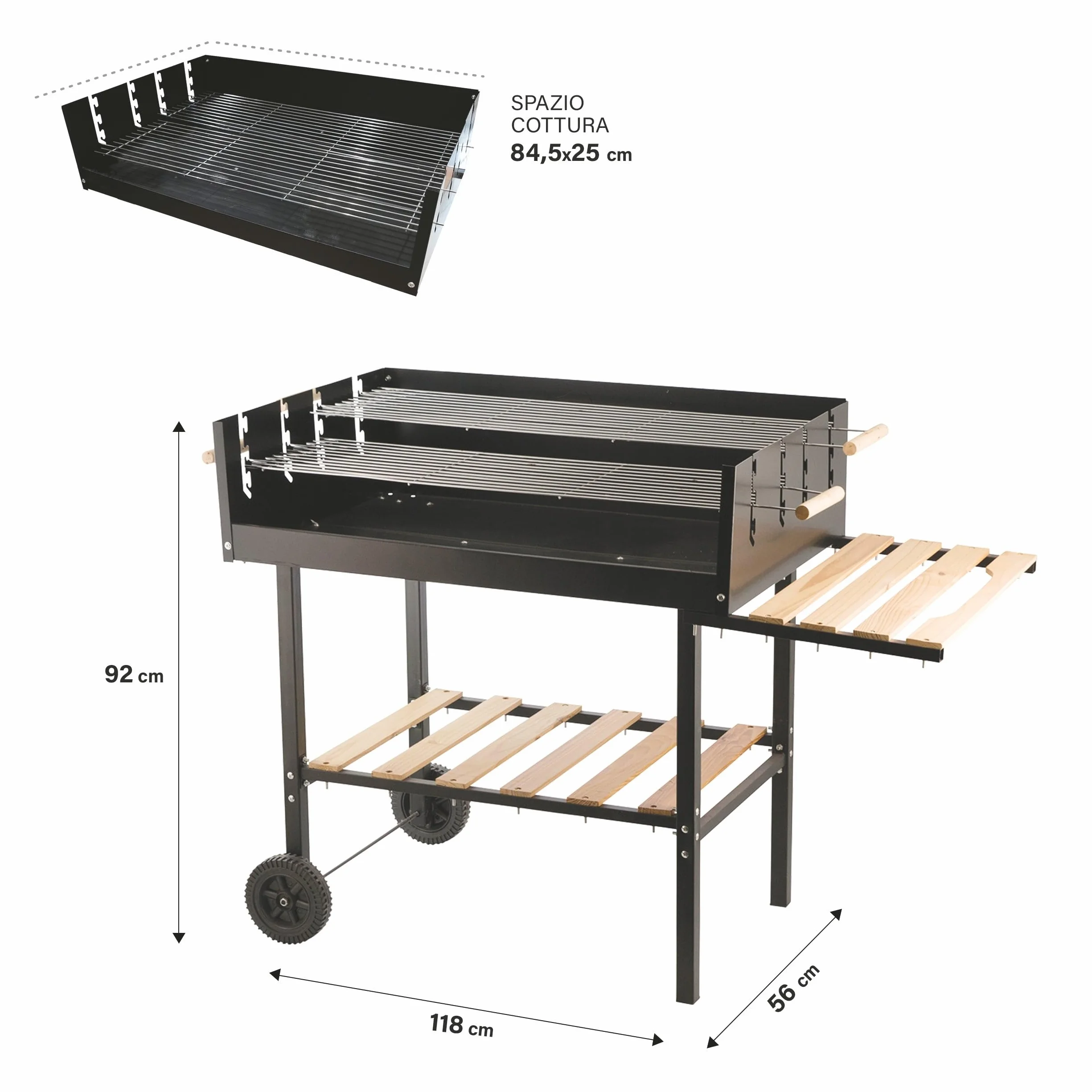 Galileo Barbecue con Ruote Rettangolare 126x56x87 cm Nero
