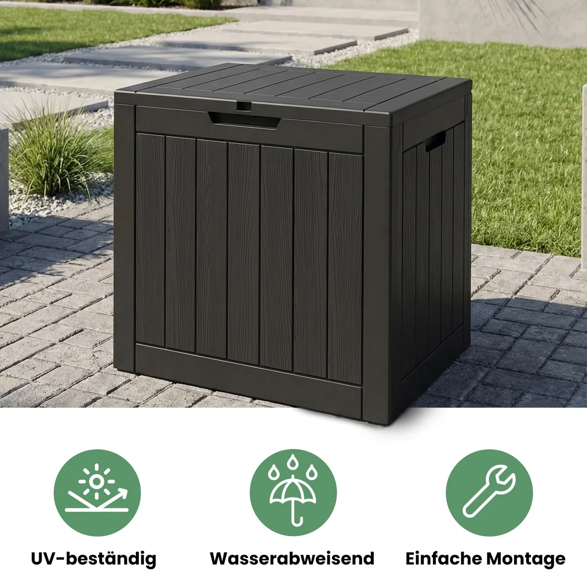 AKORD Baule da Giardino Impermeabile 117L - Cassapanca Esterna in Polipropilene Effetto Legno - Scatola Contenitore per Balcone e Terrazza, 56x53,2x43,1 cm, Nero