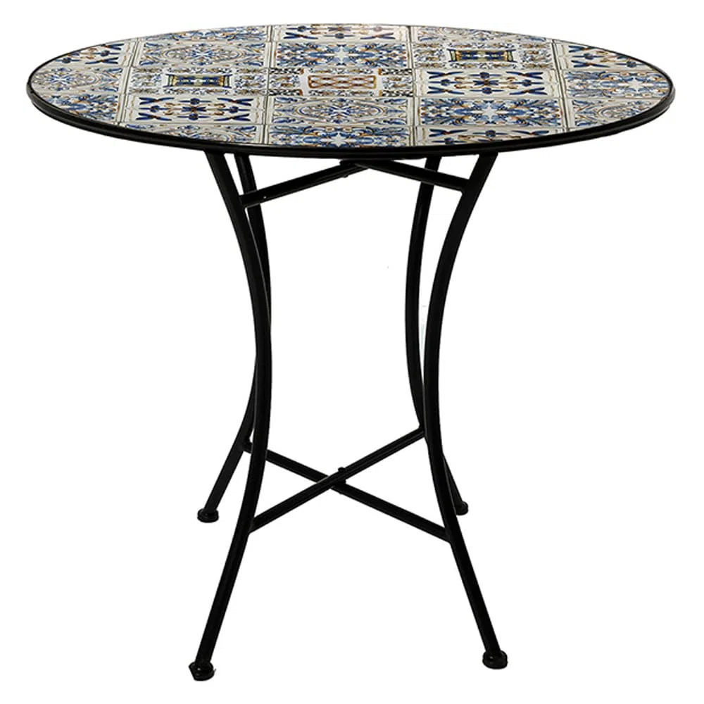Tavolo rotondo in ferro battuto con piano in ceramica decorazione mosaico diametro 90 cm per giardino o interno stabile per esterni terrazza balcone