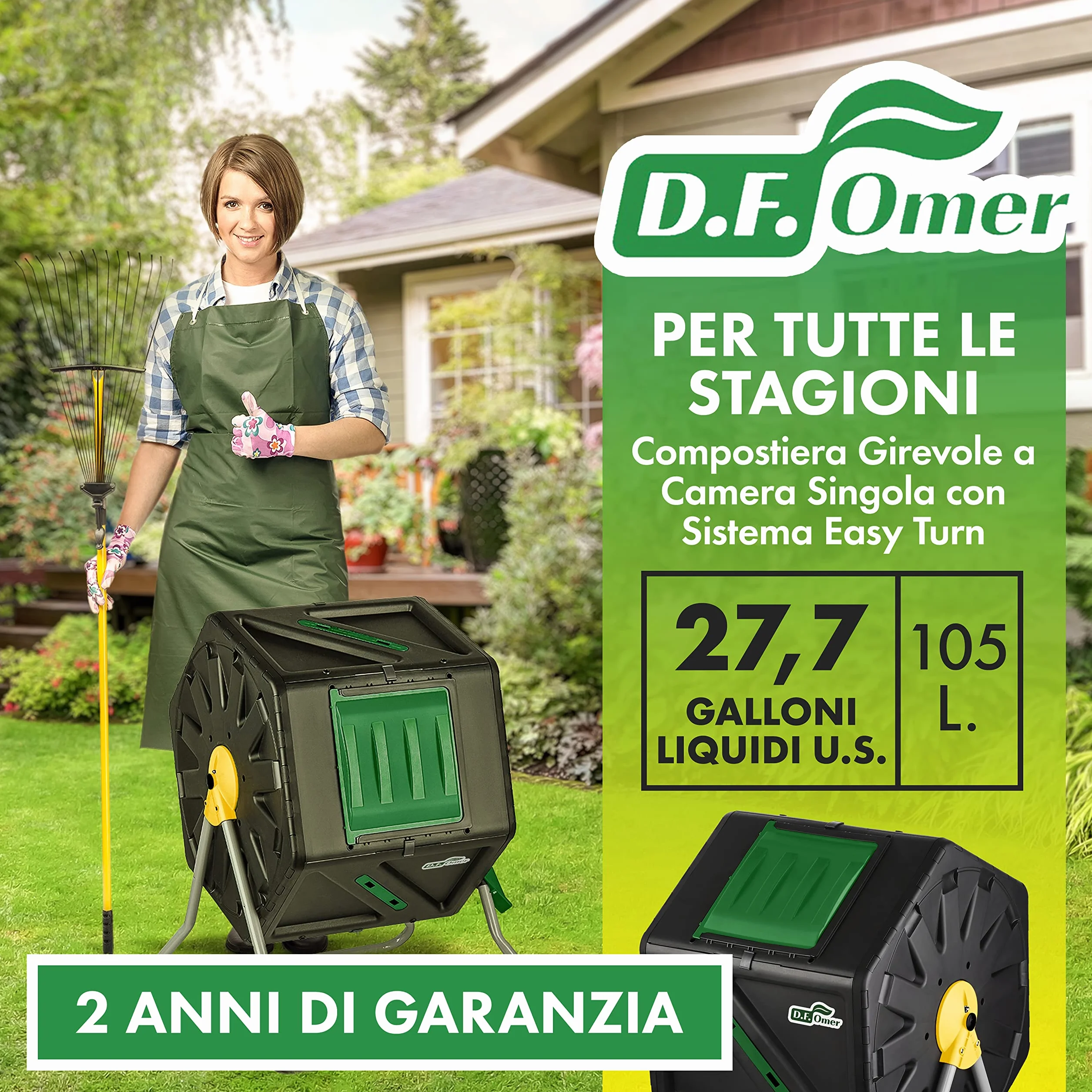 DF OMER, Contenitore Compostaggio Giardino a Camera Singola, Grande Volume, Design Compatto, Capacità 105 l, Compostiera Girevole Robusta per Tutte le Stagioni