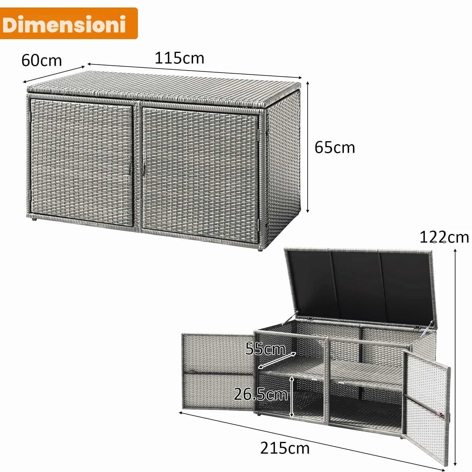 KOMFOTTEU Cassapanca Contenitore da Esterno 330L Rattan Telaio Acciaio Baule Giardino Resistente UV Impermeabile 115x60x65 cm Grigio