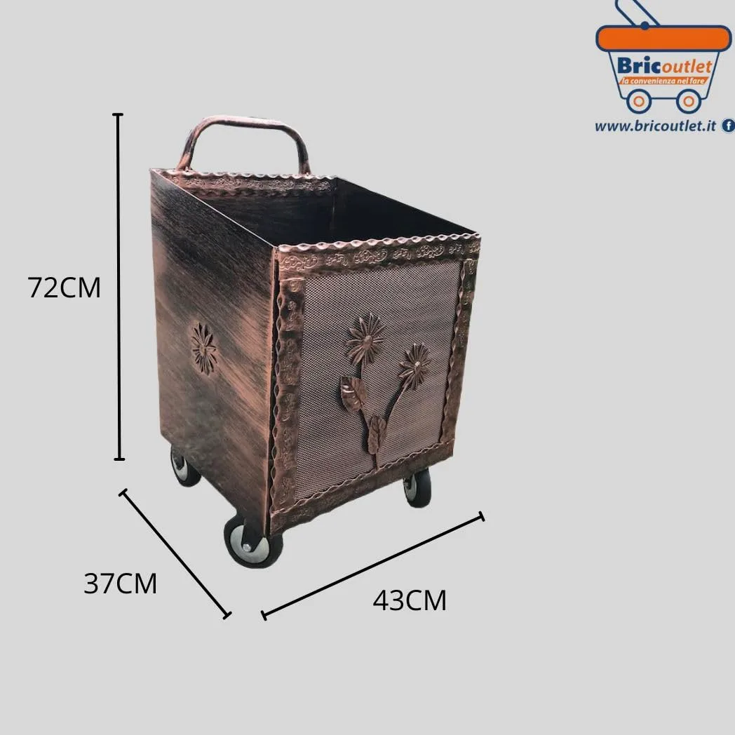 Carrello Porta Legna in Ferro BATTUTO 43x37x72hcm con Ruote RAME - Cesta per legna