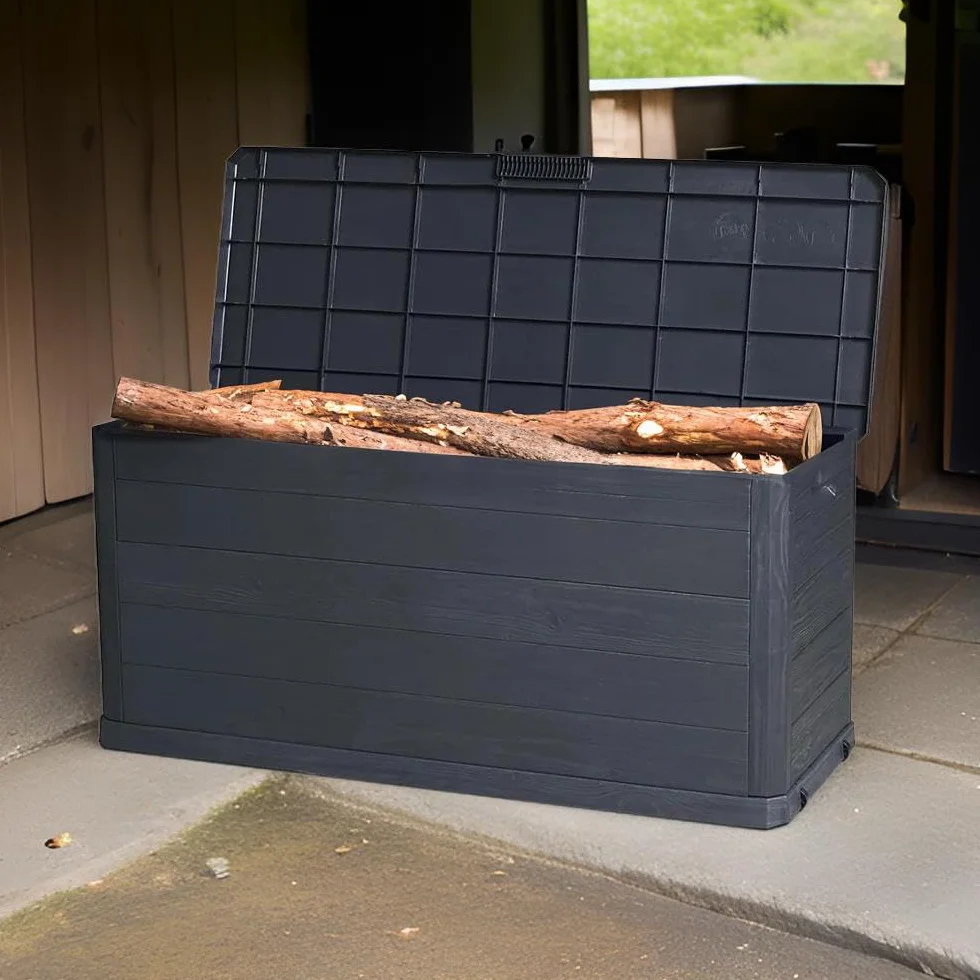 Baule Cassapanca 280 Litri Effetto Legno Contenitore Stoccaggio in Resina Antracite Dimensioni 117x45x56h cm da Esterno Resistente ai Raggi Uv -
