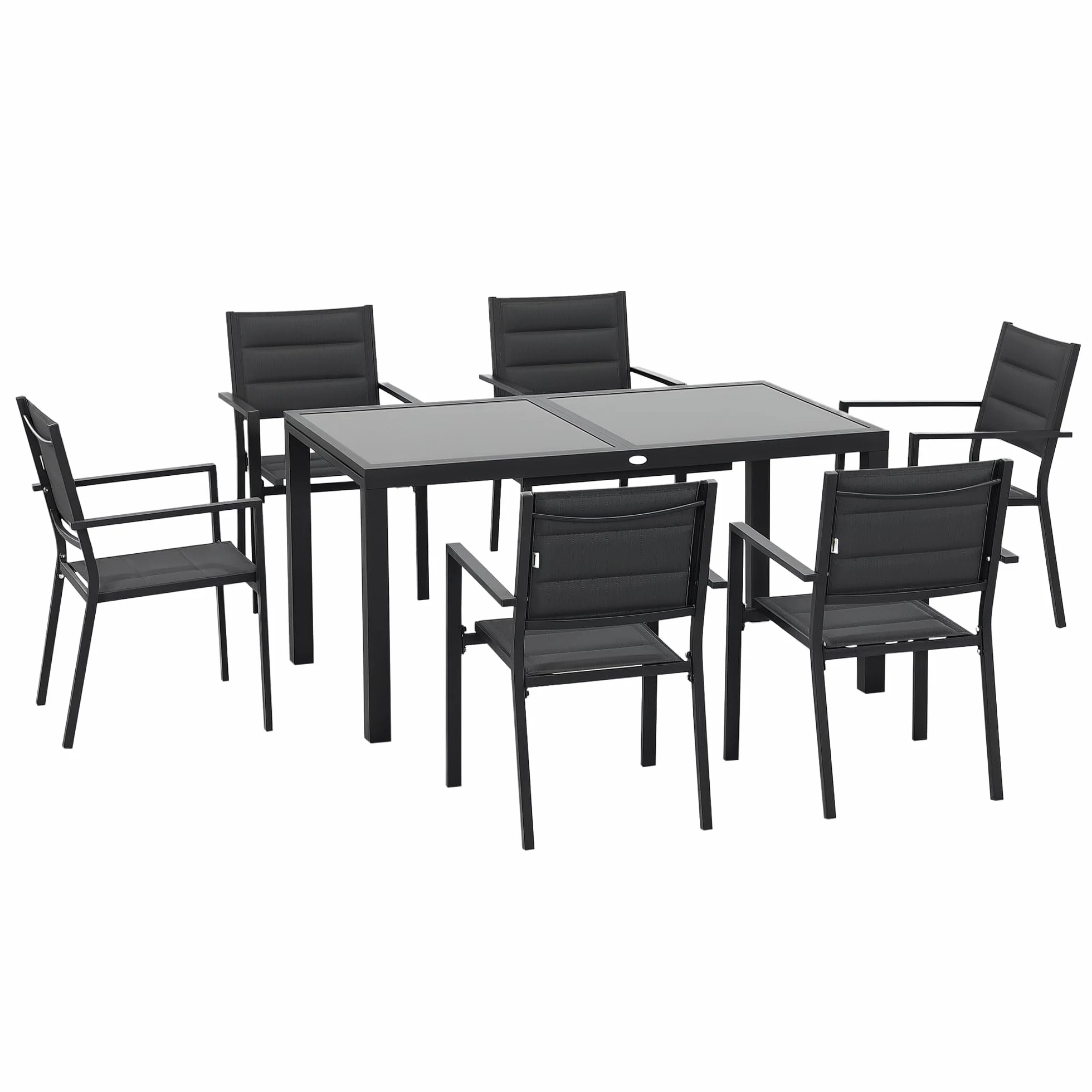 Outsunny Set Tavolo e Sedie da Giardino 7 Pezzi, Alluminio, Tavolo Rettangolare Allungabile, 6 Sedie Impilabili Texteline, Grigio Scuro