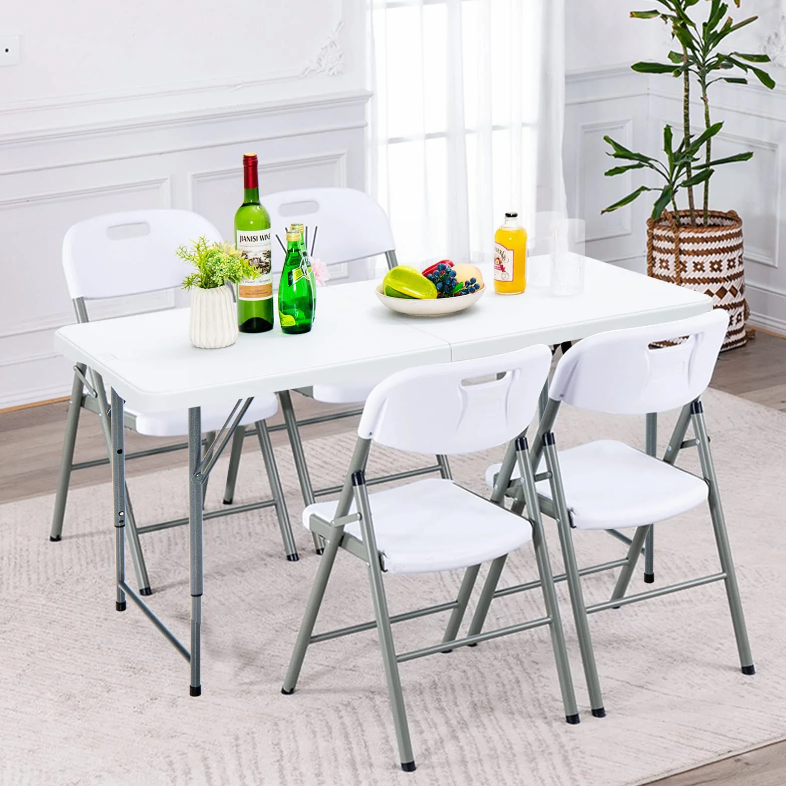 KOMFOTTEU Tavolo Pieghevole Regolabile in Altezza 120x60x74,5 cm Bianco HDPE Ferro Campeggio Picnic