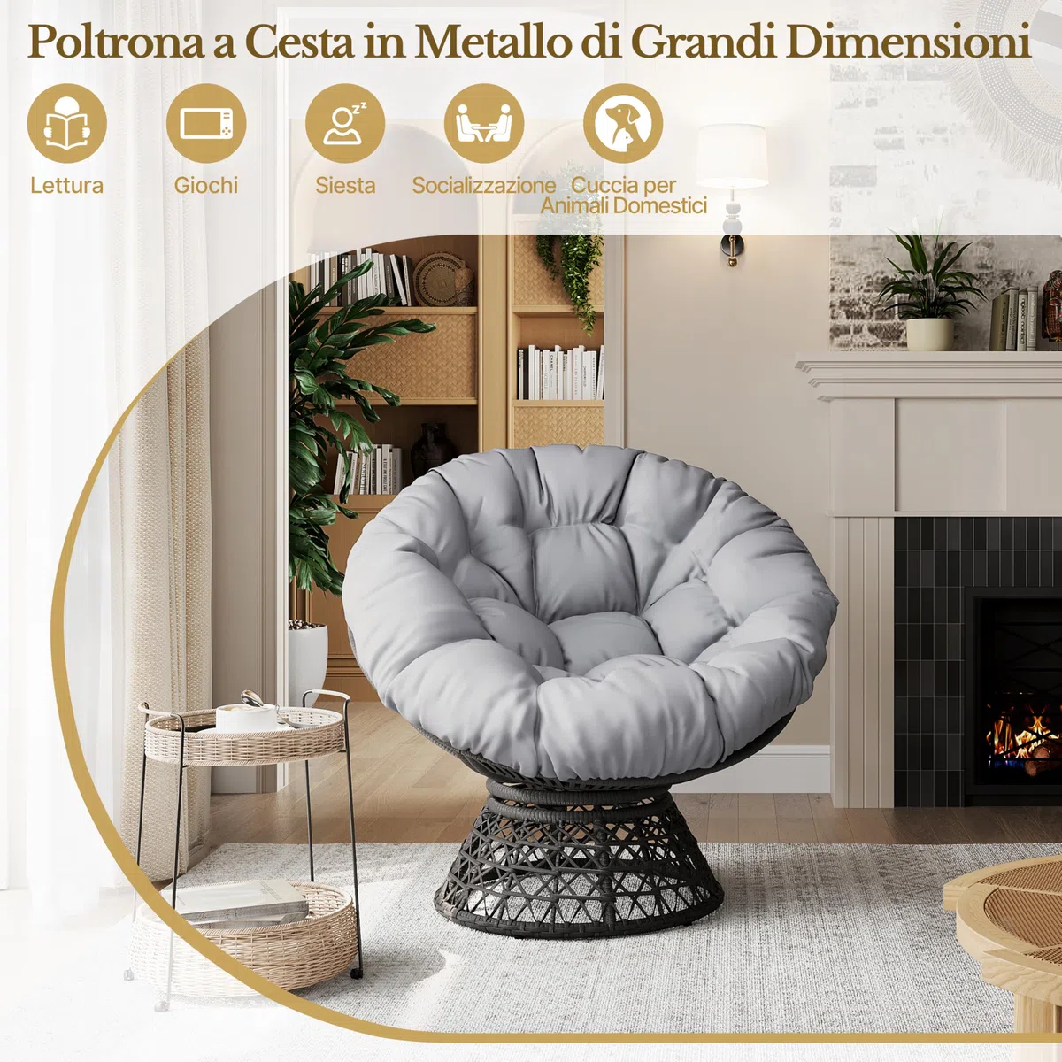 Yaheetech Poltrona da Giardino Girevole 360° Rattan Sedia a Dondolo Rotonda Papasan Cuscino Diametro 120 cm Nero Grigio