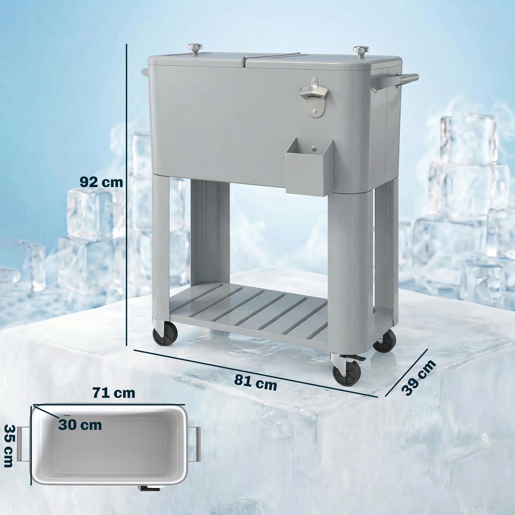 Outsunny Ghiacciaia da Giardino 76L, Carrello Portavivande con Ripiano, Apribottiglie, Ruote Bloccabili, Argento