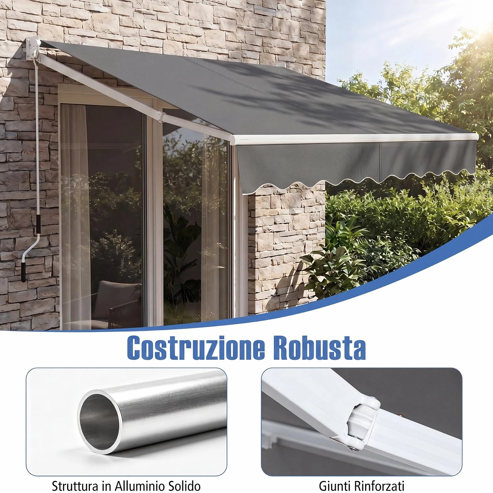 COSTWAY Tenda da Sole per Esterno Avvolgibile a Bracci Estensibili in Alluminio Impermeabile Grigio 245 x 200 cm