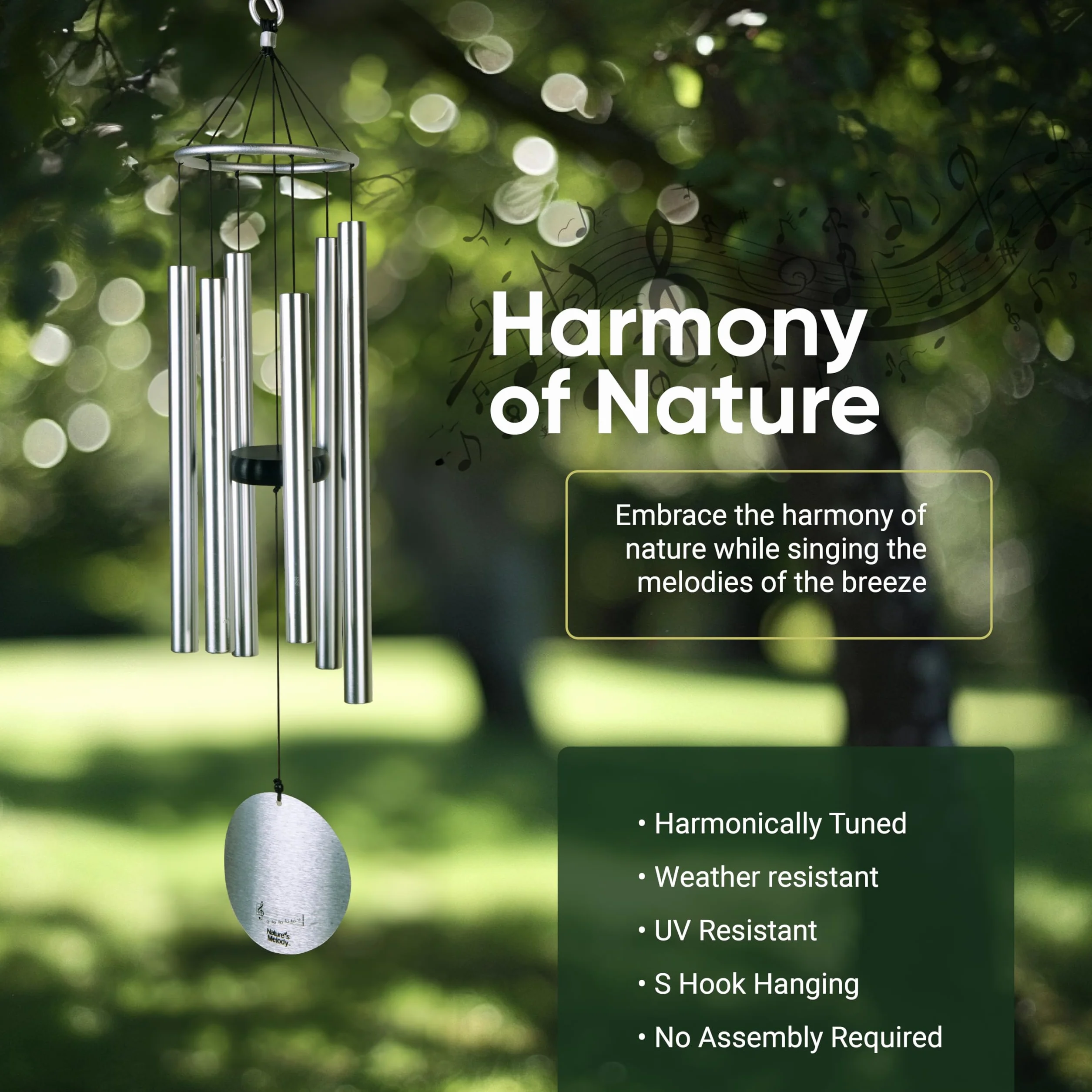 Nature's Melody Aureole Tunes - Campane a vento da esterno con 6 tubi sintonizzati su scala pentatonica Si, 100% alluminio antiruggine, finitura a polvere e gancio a S per appenderlo, regalo
