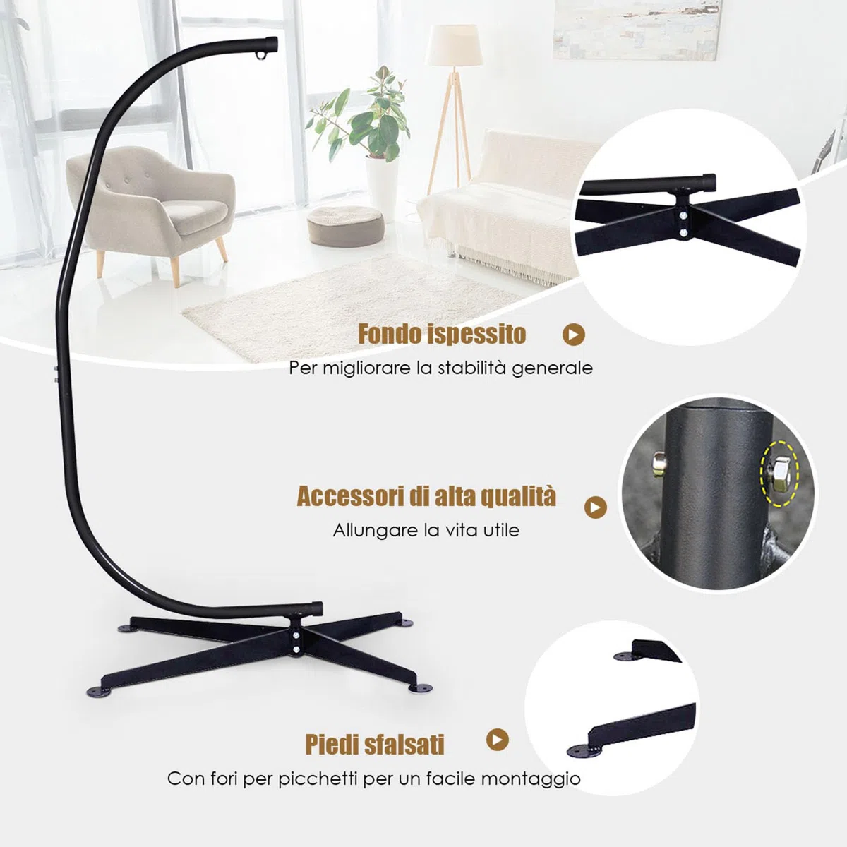 COSTWAY Supporto per Amaca a Sedia a Forma di C, Sostegno per Sedia in Acciaio, Carico Massimo di 150 kg, Nero (Solo Telaio, Senza Amaca a Sedia)