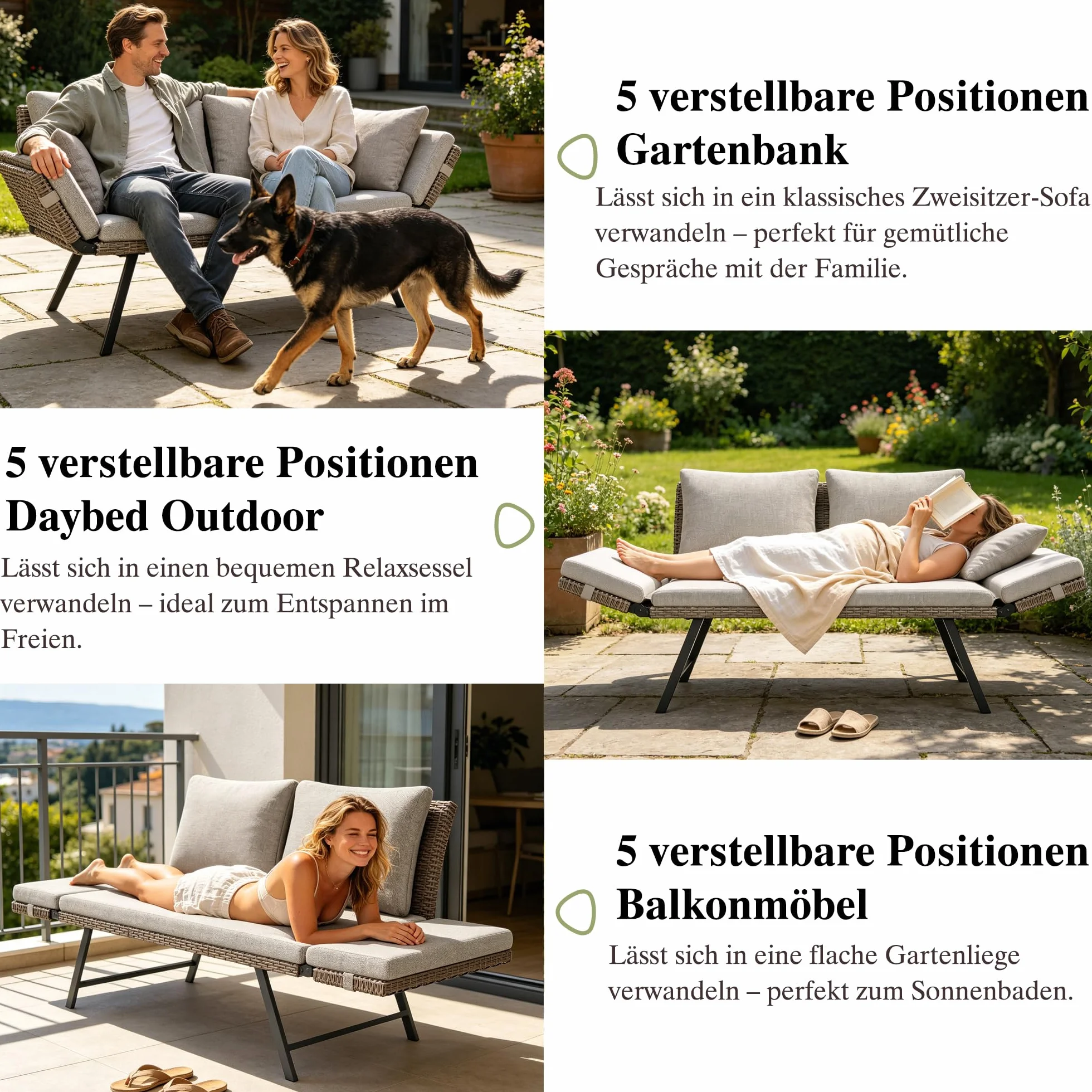 Fiutazge Divano Esterno in Polyrattan con Braccioli Regolabili,Divano Letto Convertibile 2 Posti con Cuscini Morbidi,Panchina da Esterno per Giardino, Balcone, Terrazzo e Portico-Beige