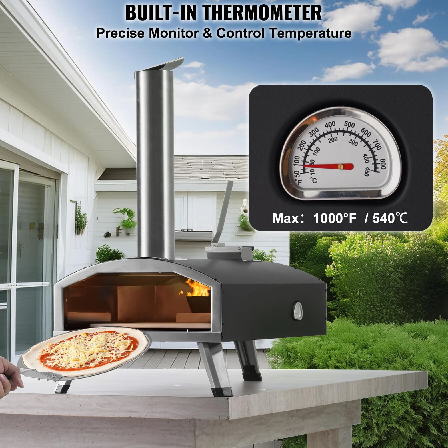 VEVOR Forno Portatile per Esterni 304 mm, Tri-Fuel Pellet Trucioli Carbone, Griglia Pizza con Pietra e Copertura, Nero