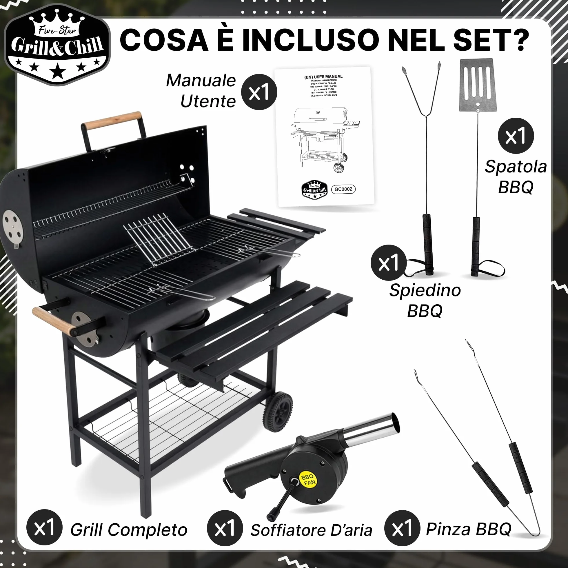 Grill & Chill Barbecue a Carbone 71×35 cm Coperchio con Termometro Acciaio Nero