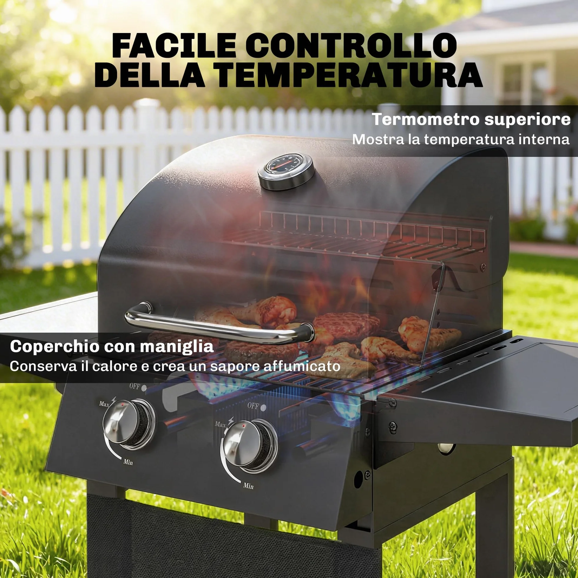 Outsunny Barbecue a Gas 2 Bruciatori 5.4 KW BBQ Portatile con Griglia Ripiani Pieghevoli Coperchio Termometro Ruote Nero