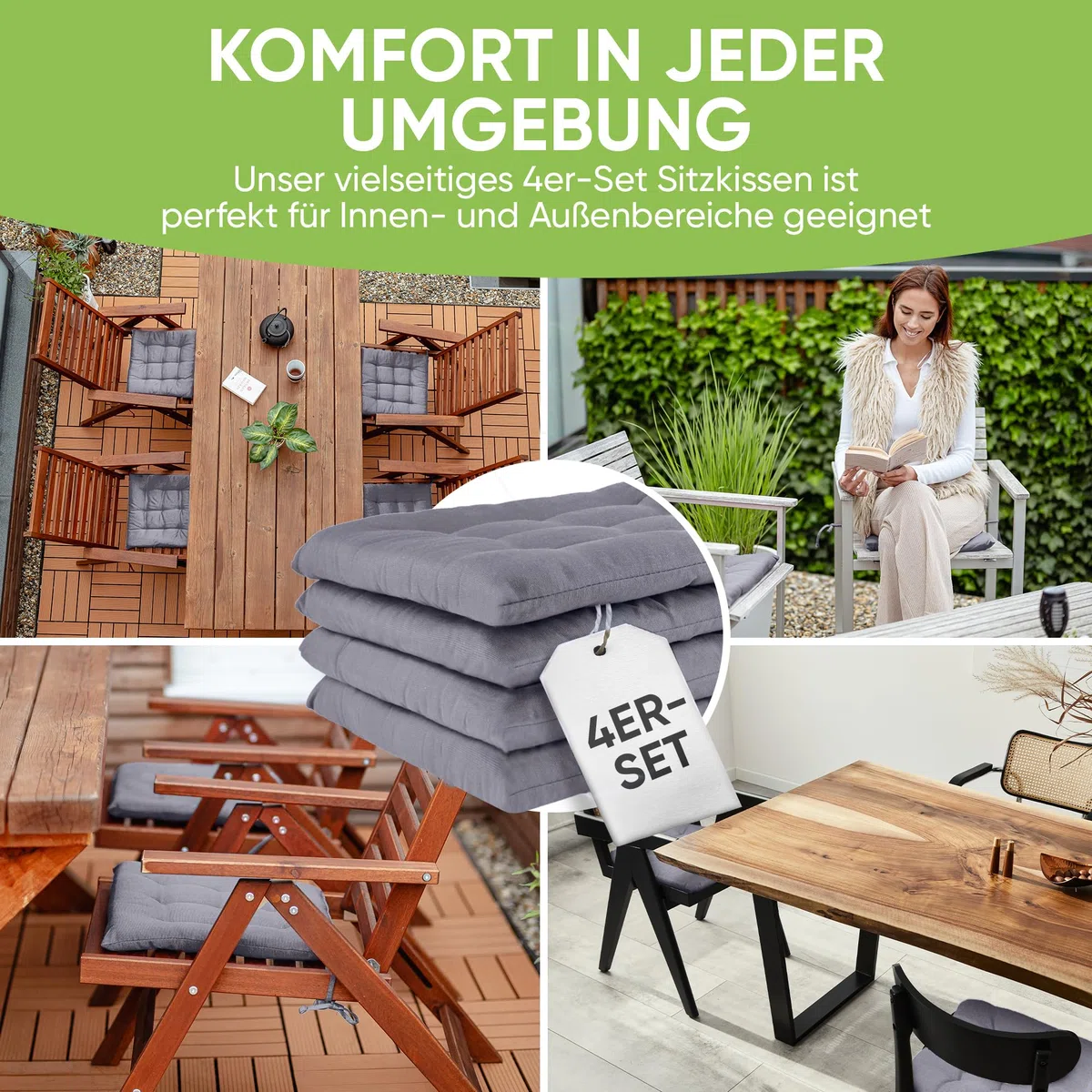 Gräfenstayn® zestaw 4 poduszek siedzisk 40x40x3 cm pasy mocujące Oeko-Tex Antracyt