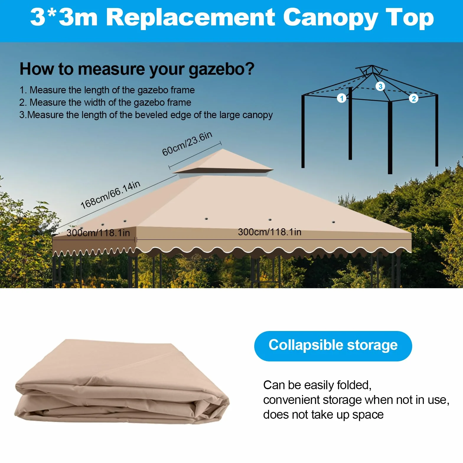 Tetto di Ricambio per Gazebo 3x3 Impermeabile, Telo Copertura 300D Poliestere Anti-UV Kaki