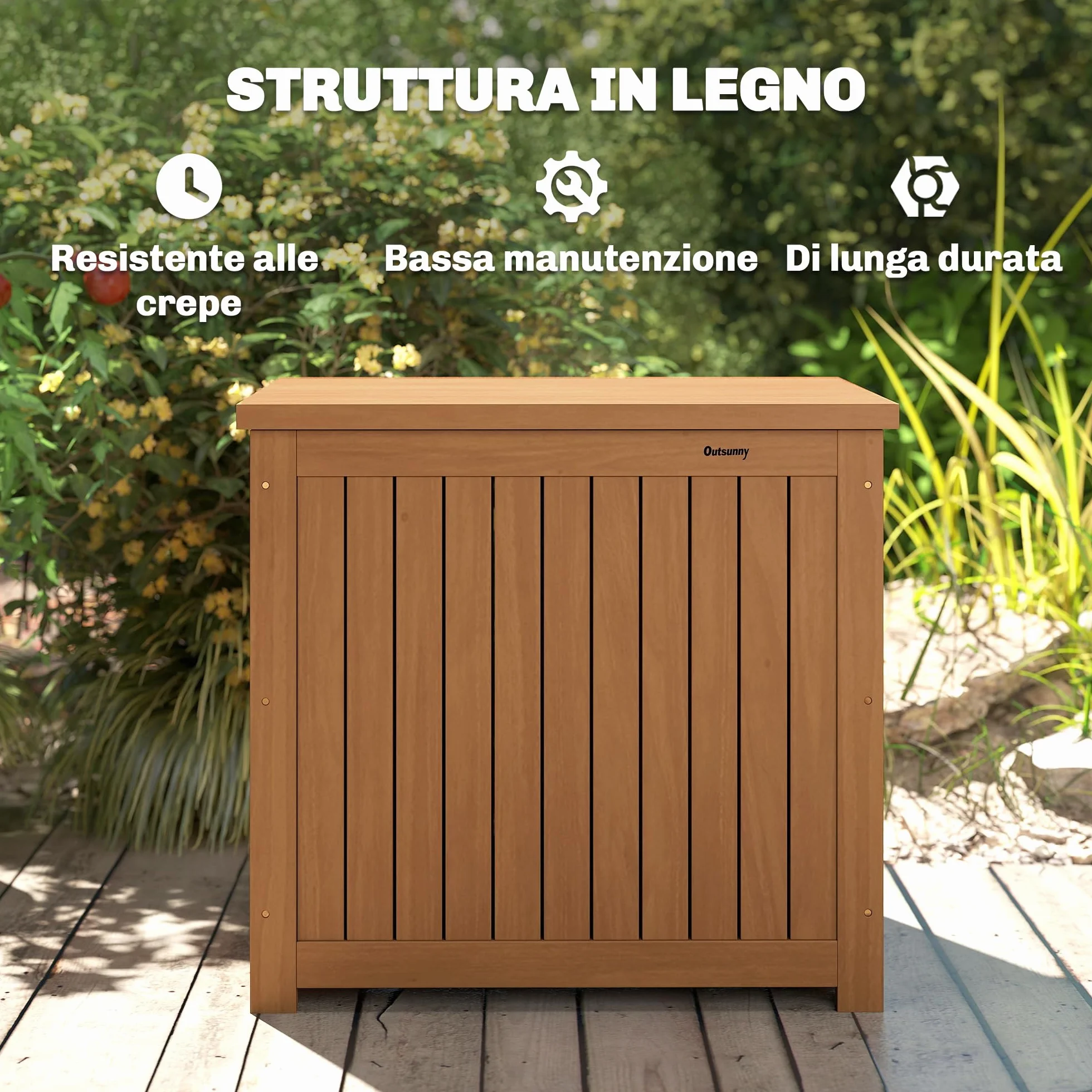 Outsunny Baule da Esterno 130L Legno Coperchio Cerniera, Contenitore Giardino Protezione UV, 63x51x58.5 cm, Marrone