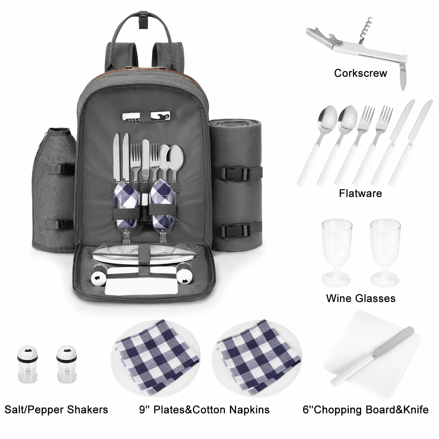 Apollo Walker Zaino da picnic per 2 persone, set e coperta, borsa termica, grigio chiaro