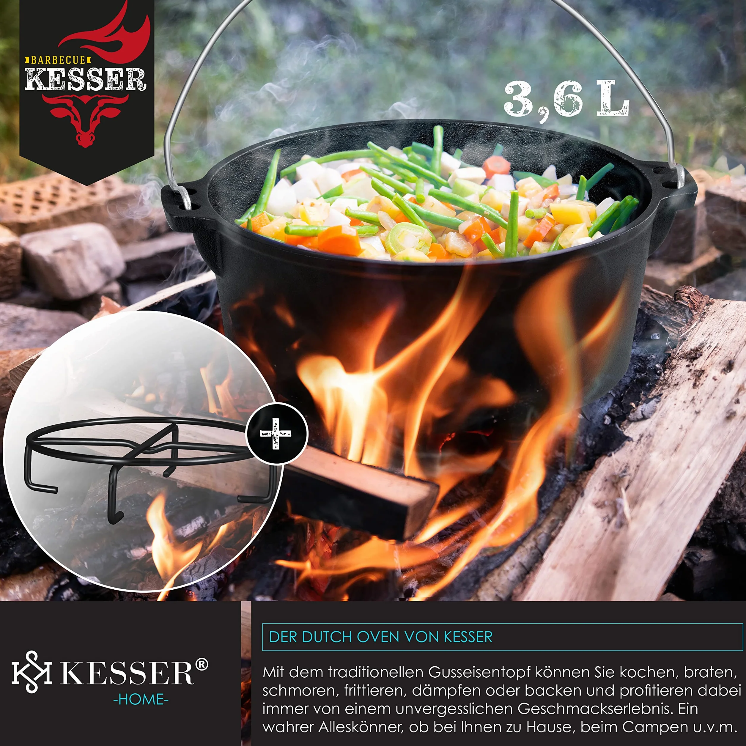KESSER® Dutch Oven Set in scatola di legno con forno olandese Con molti accessori - ghisa - già bruciato con pentola di cottura piastra grill padella coperchio sollevatore I 12 Pezzi