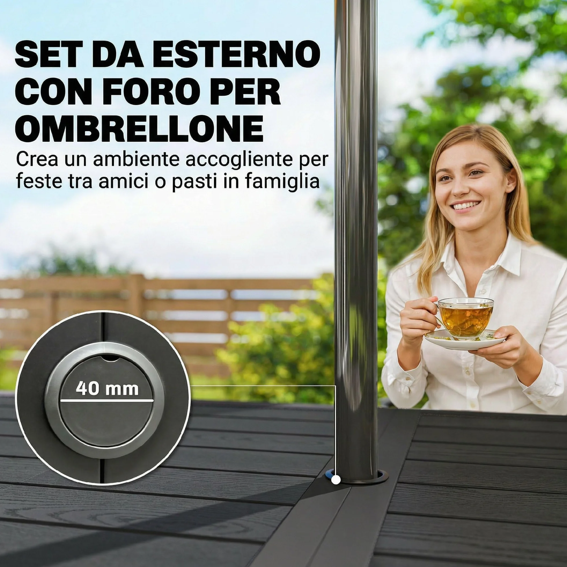 Outsunny Set Tavolo e Sedie da Giardino 7 Pezzi, Set da Pranzo Esterno con 6 Sedie Impilabili in Plastica Finto Rattan e Tavolo in Metallo Effetto Legno, Nero