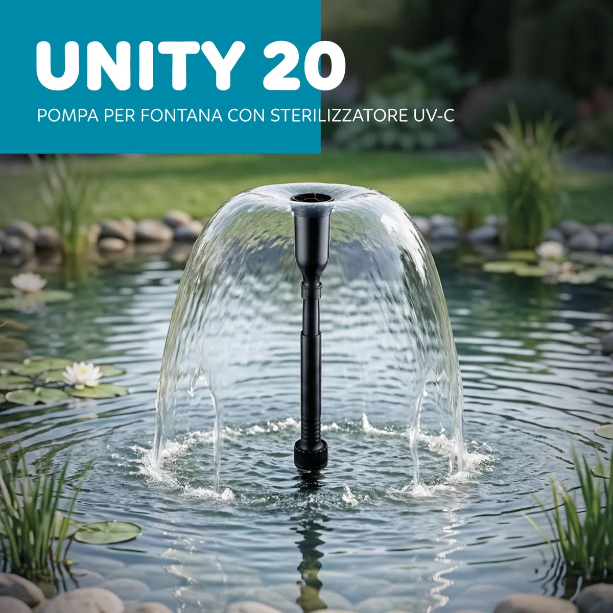 AQPOND Unity Filtro Interno per Laghetto 3 in 1 con Pompa Fontana e Sterilizzatore UV 9W – Sistema Completo di Filtrazione con Giochi d’Acqua per Laghetti da Giardino