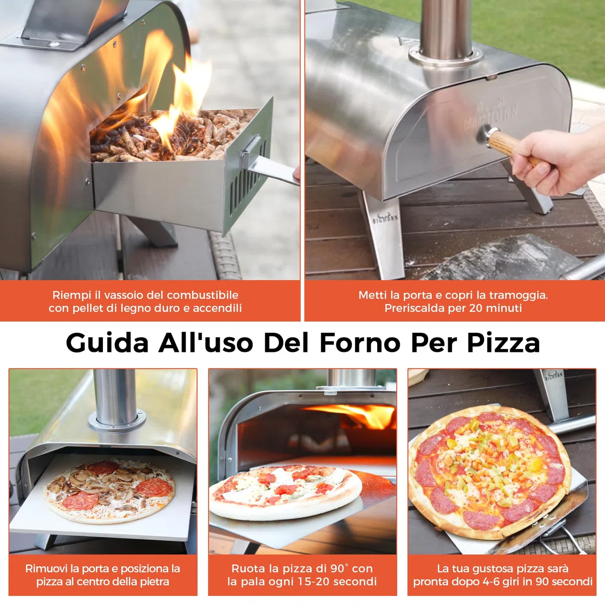 BIG HORN OUTDOORS Forno a Pellet per Pizza 12 Pollici, Portatile con Pietra Refrattaria, Acciaio Inox